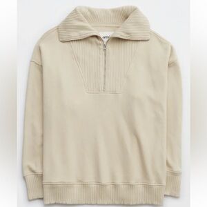 Aerie Down-to-Earth Quarter Zip Sweatshirt‎ - Small Off White, Cozy & Stylish